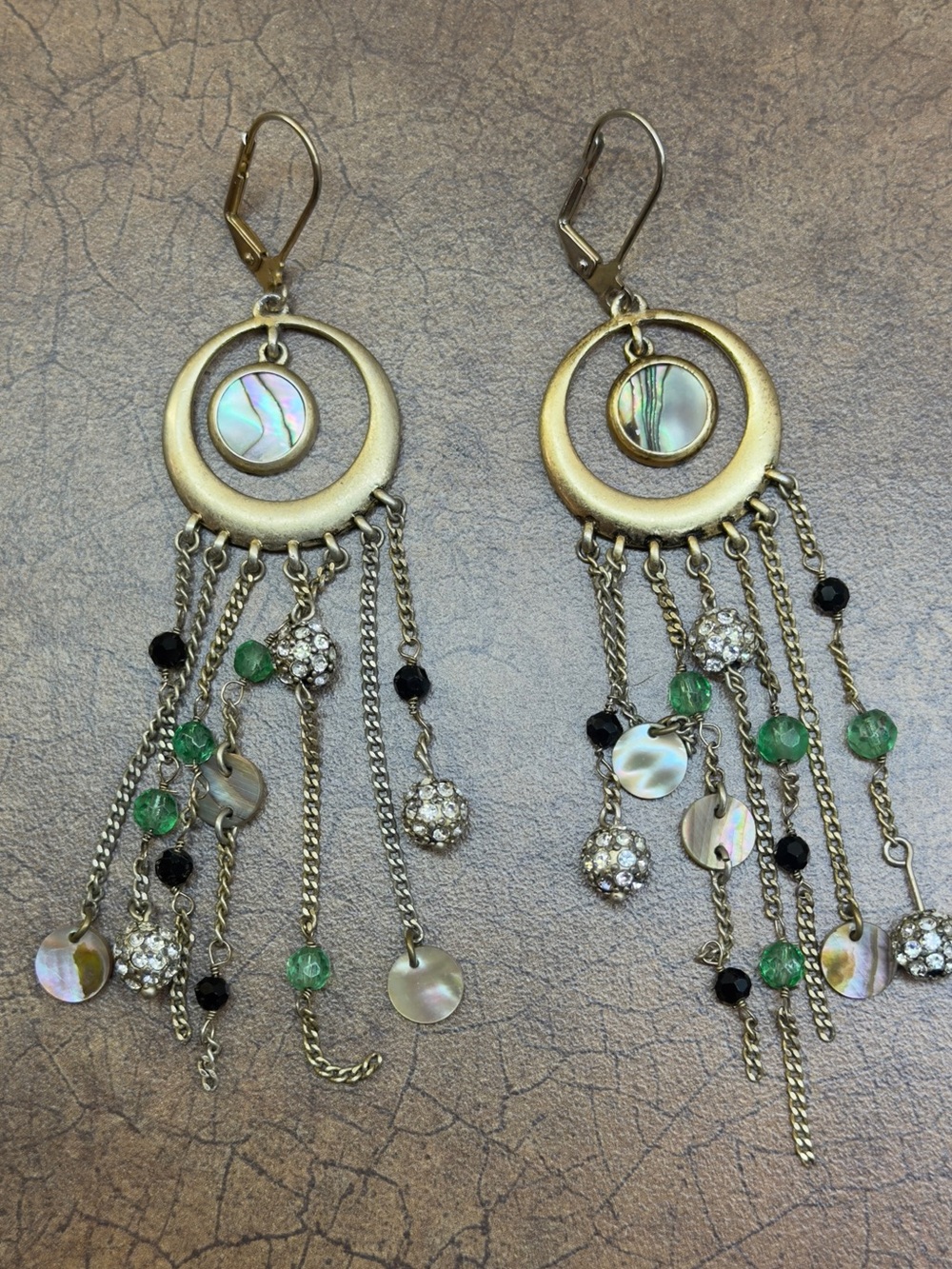 Boho Cascade Kenneth Cole Drop Earrings with Green Beads and Mother-of-Pearl